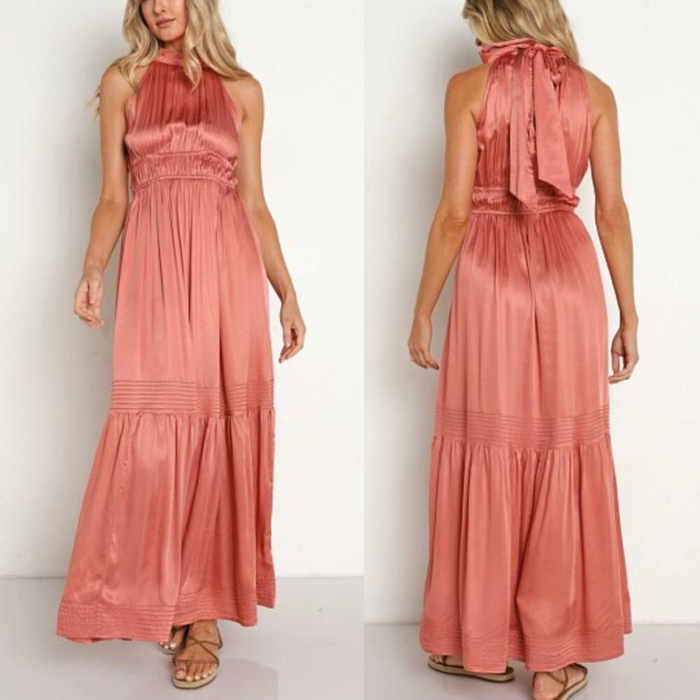 Cleobella Margot Ankle Dress rose pink tiered halter neck bow satin maxi boho